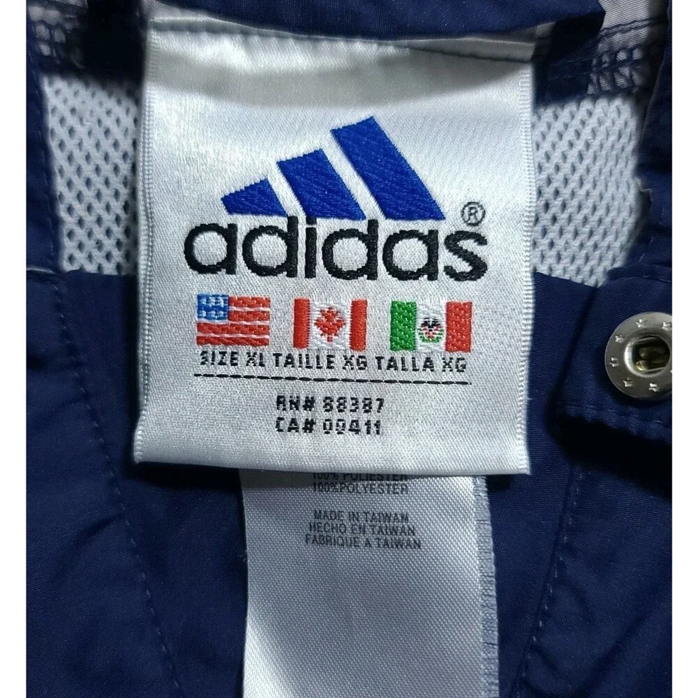 VTG 90s Adidas XL Navy Hooded Windbreaker Jacket 3 Stripe Embroidered Unisex EUC